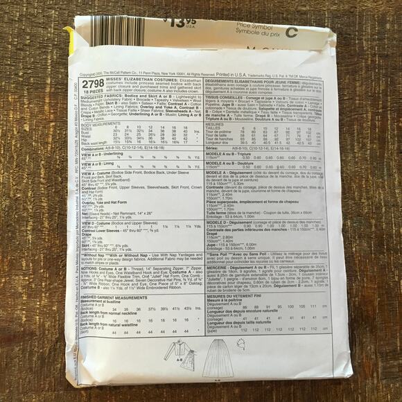 McCalls Sewing Pattern 2798 Elizabethan Costume Mary Queen Scots 6-10 UNCUT - Picture 2 of 2